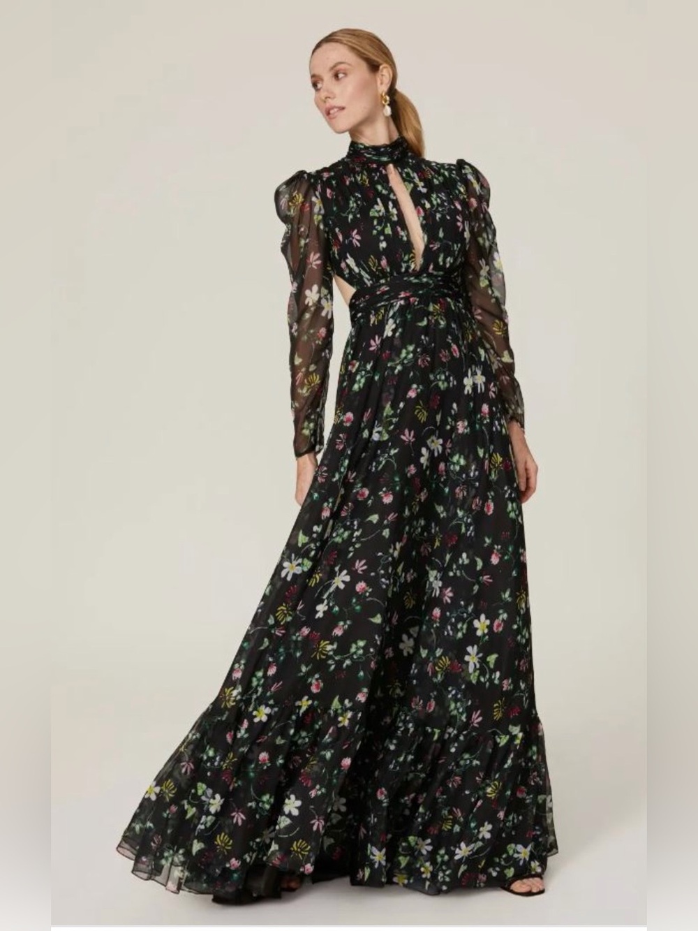 Mac Duggal Black Floral Keyhole Long-Sleeve Maxi Dress Sz 2